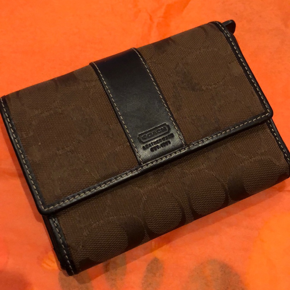 Coach Brown Trifold Wallet with Black Trim